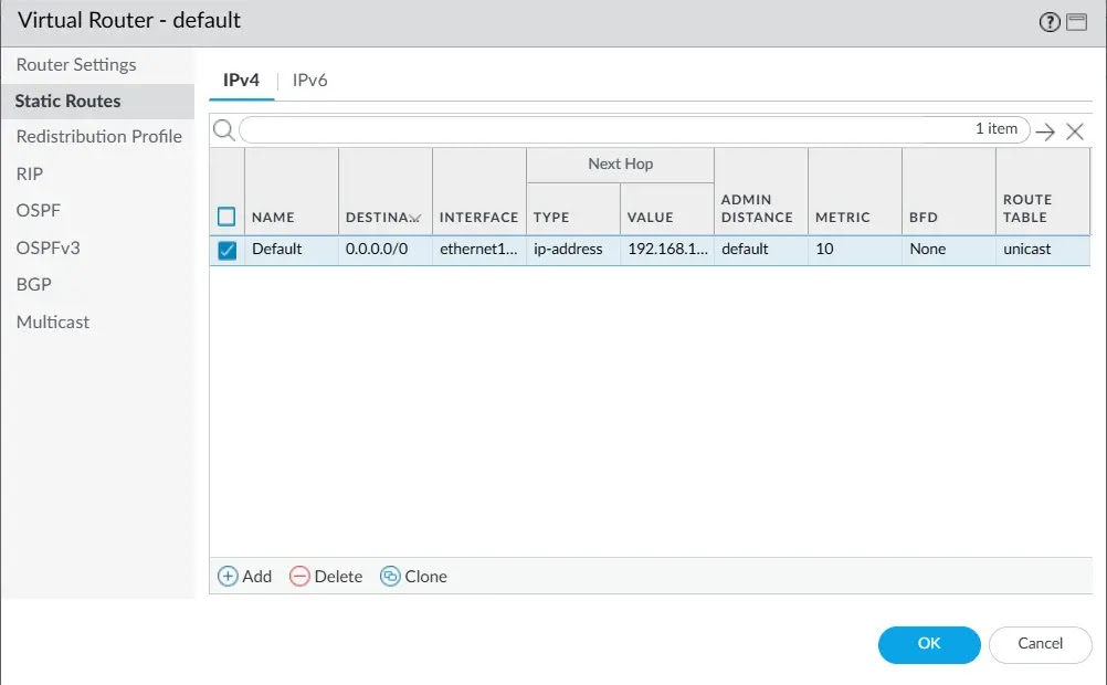 Setting up default route in Palo Alto virtual router
