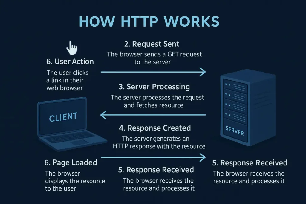 Diagram explaining how HTTP works, showing request and response between browser and web server