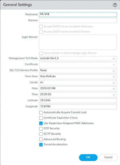 Changing hostname and timezone settings in Palo Alto web interface
