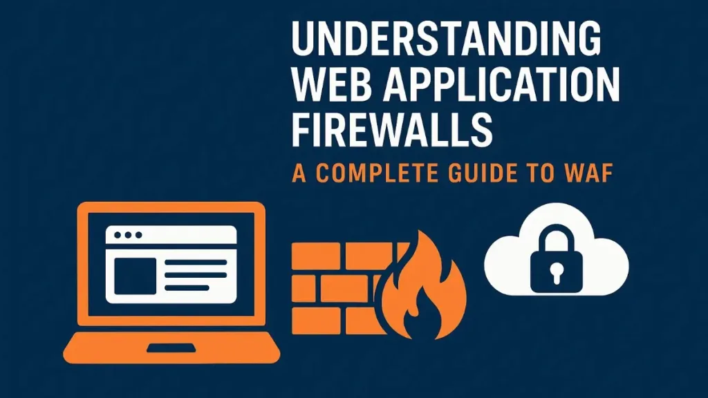 Illustration of Web Application Firewall (WAF) with icons of a laptop, firewall, and cloud security