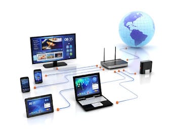 Diagram showing computers, servers, and devices in a network setup