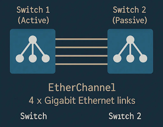Diagram of two switches connected via four Gigabit Ethernet links forming an EtherChannel